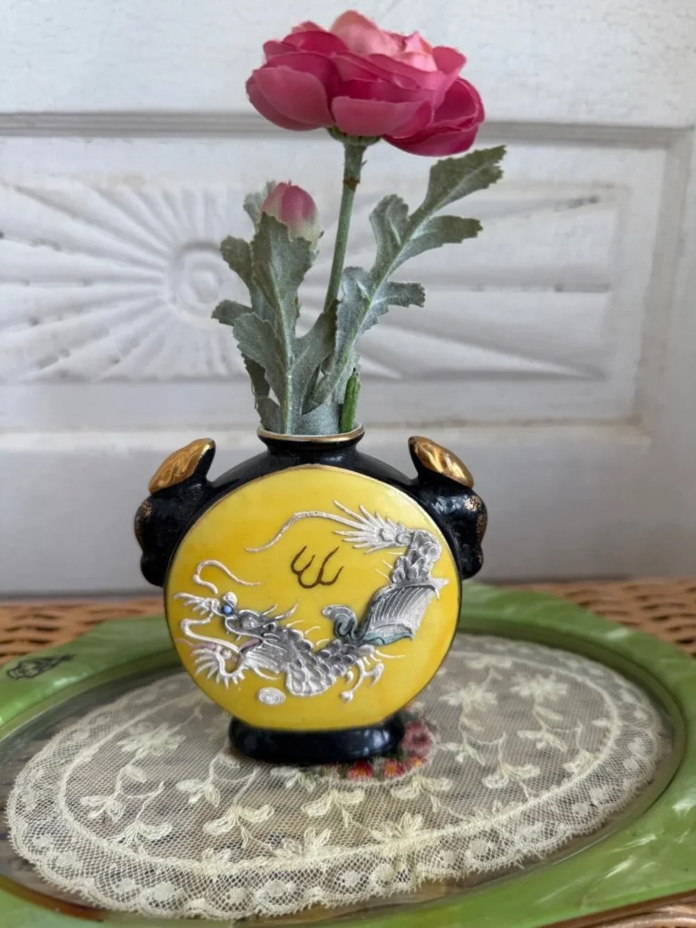 Vintage 40's Japanese Dragonware Yellow Black Small Bottle Vase